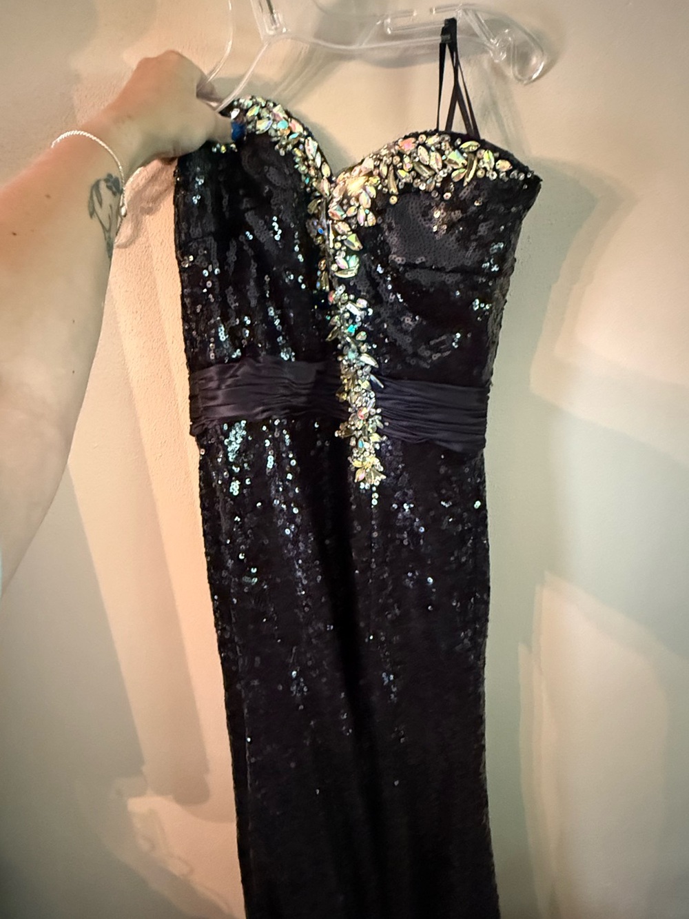 Black Sequin Strapless Evening Gown with Beaded Embellishment